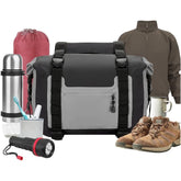 Outdoor gear ensemble with motorcycle saddlebag, hiking boots, flashlight, thermos, toothbrush, jacket, and camping mug.
